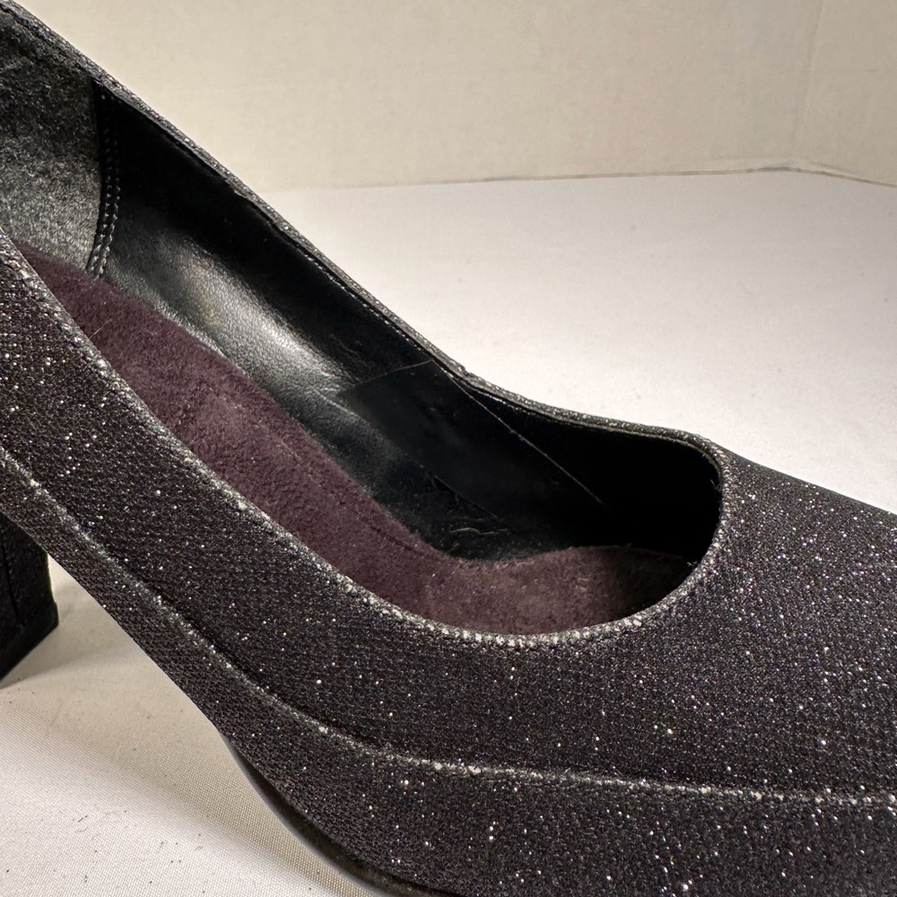 AA2 by Aerosoles Black Glitter Heels Sz 7.5 Womens Sparkle Dress Open Toe Slip-O - Picture 9 of 9